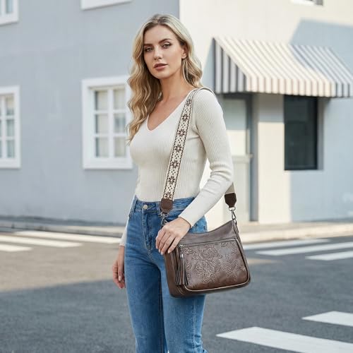 Crossbody Bags for Women, Medium Vegan Leather Purses | Large Capacity Multi-Pocket Embossed Shoulder Bag with Boho Strap for Daily Travel - color: Coffee Brown