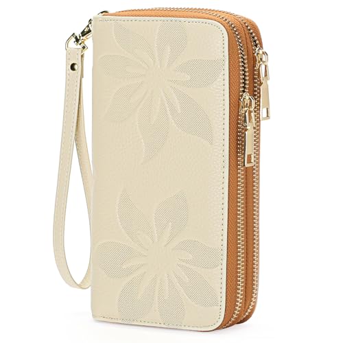 GOIACII Women's Wallet RFID Blocking Leather Wristlet | 2 Zip Around, Large Capacity, Credit Card Holder, Ladies Phone Clutch Purse - color: A07 White Brown