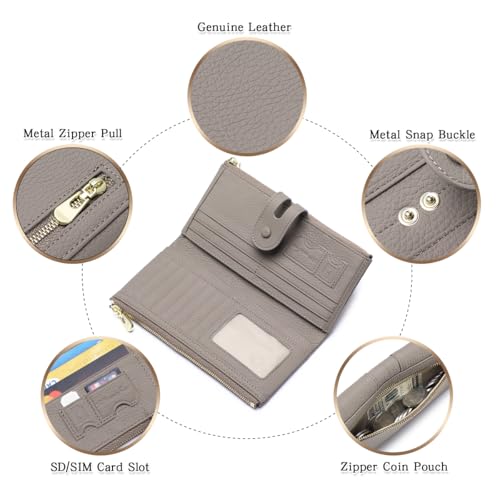 Large Capacity Wallets for Women Soft Leather RFID Blocking Long Wallet Ladies Bifold Clutch Purse Credit Card Holder with Double Zipper Pocket ID Window,Grey - color: Grey
