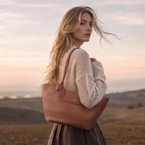 Genuine Leather Tote Bag for Women Minimalist Roomy Shoulder Purse - color: Brown