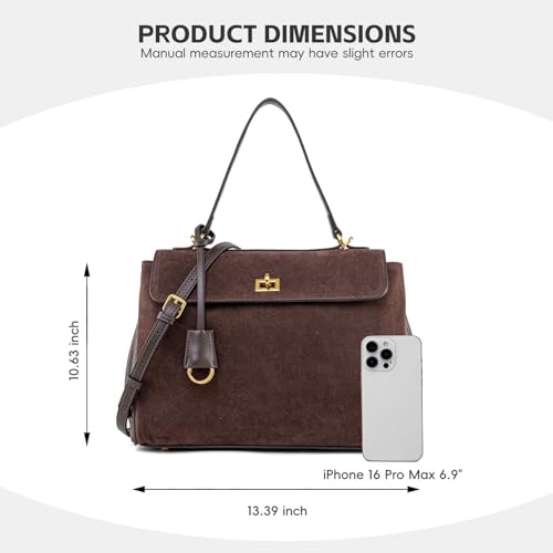 Suede & Leather Tote Bag for Women,Soft Leather Shoulder Handbags for Ladies,Satchel Purse for Travel Work - color: M Coffee & Gold Clasp