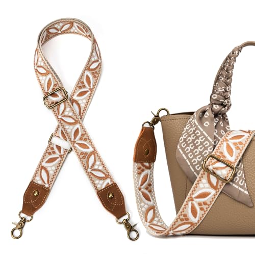 Purse Strap, 1.5" Cowhide Head Wide Shoulder Bag Strap Adjustable Replacement,Jacquard Embroidery Crossbody Bag Straps - color: Brownwhite Leave