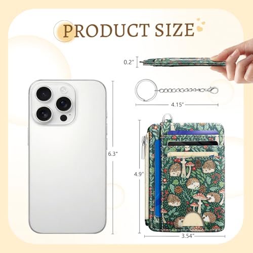Kelvoris Credit Card Holder Small Wallet Women, Slim RFID, Cute Hedgehog | Keychain, Zipper Coin Pocket, Front Pocket Thin Travel Card Case, Minimalist, 6 Card Slots, 1 ID Window, Ladies Gifts Woman - color: Hedgehog