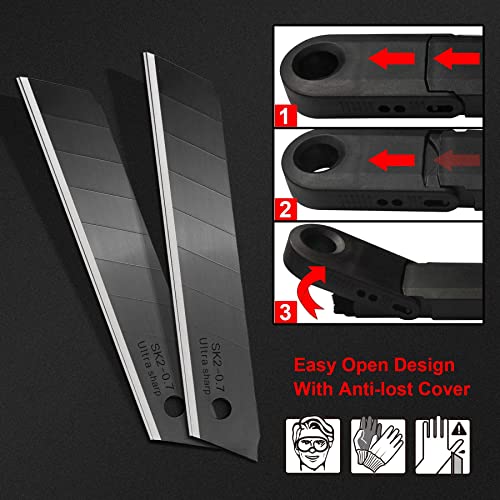HAUTMEC 20PCS 18mm Triple Cutting-edge Snap Off Blades, Retractable Black Replacement Blades, SK2 Utility Knife Blades, Strengthened Safety Box, for Box, Carpet, Rope HT0083-20PC - style: 20PCS
