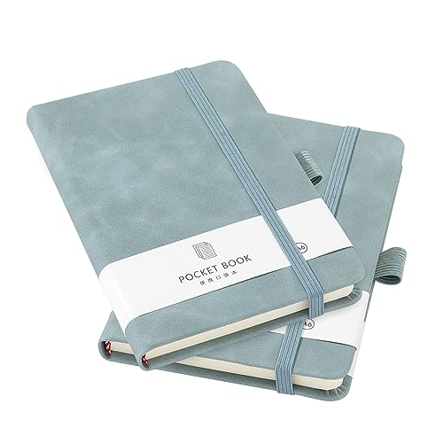 2Pack Pocket Notebook Small Notebook Journal Notebook 4 inches x 5.7 inches 200 Pages Leather Cover With Pen Holder Page Marker Ribbons(Blue) - color: Blue