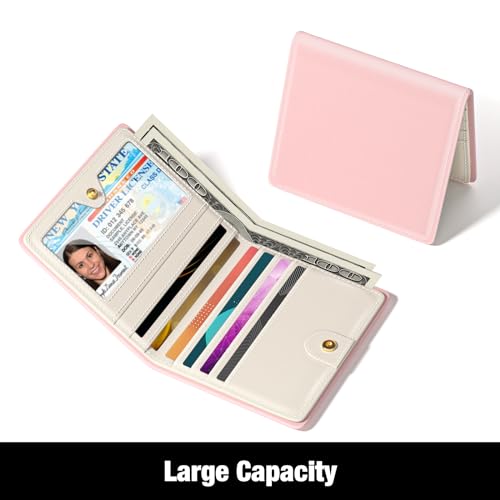 Rouidr Womens Wallet, RFID Small Slim Wallet for Women, Cute Bifold Leather Pocket Credit Card Holder Ladies Mini Purse with Zipper Coin Pocket & ID Window, Pink - color: A-Pink