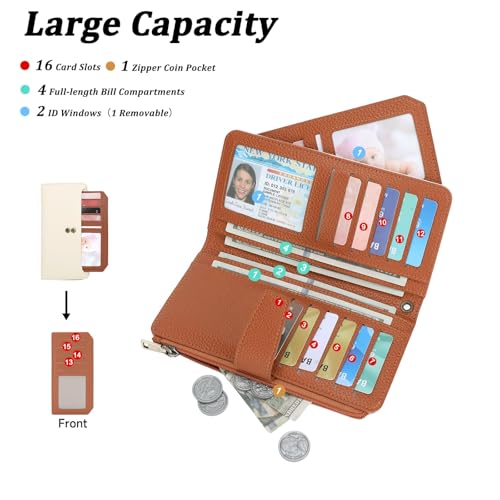 GAEKEAO Women Wallet RFID Blocking Leather Bifold Compact Card Holder Ladies Travel Wallet Purse, Large Capacity Wristlet - color: Z-white Brown