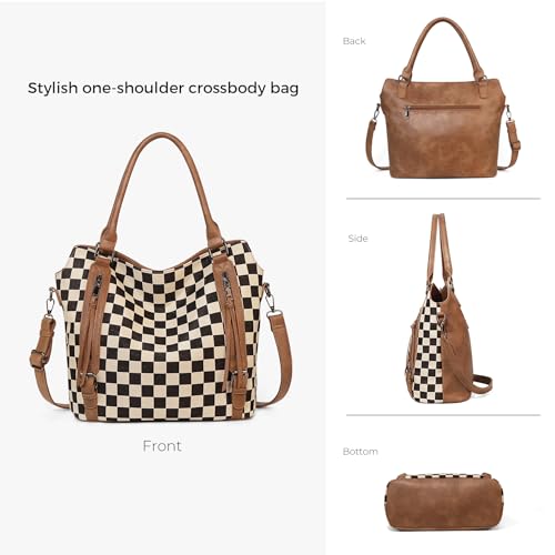 Checkered Tote Bag Large Checkered Purses for Women Plaid Hobo Shoulder Bag Multiple Pockets Tote Handbags - color: A01-brown