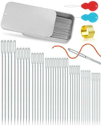 FIVEIZERO 80/40 PCS Premium Stainless Steel Sewing Needles, 7 Sizes Large Eye Sewing Sharp Needles, Leather Needle Embroidery Thread Needle with Threaders for Handsewing Art Crafts - color: Sliver 40PCS