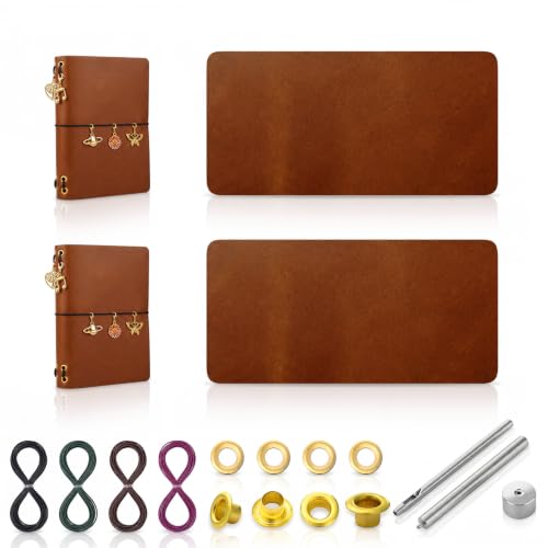 Chicplaid 2 Set DIY Leather Making Kit for Passport Small Journal Pocket Notebook Cover with 2 Full Grain Cowhide Sheet, 4-Color Elastic Cords, Brass Eyelets & Essentials with Manual - color: Dark Brown, style: Passport