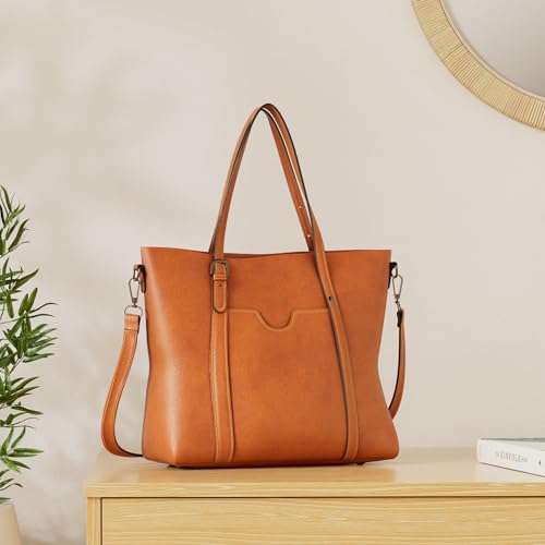 Pahajim Faux Leather Tote Bag for Women, Large Zipper Shoulder Purse - color: Brown