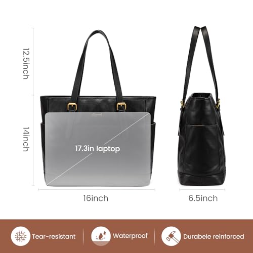 LOVEVOOK Laptop Tote Bag for Women,Vintage Leather Work Tote Bag for Women Computer Briefcase Bag,Waterproof Teacher Business - color: Retro Black, size: 17.3 Inch