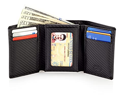 Stealth Mode Trifold Leather Wallet for Men, Flip ID Holder, RFID Blocking | RFID Blocking Wallet - color: Carbon Fiber