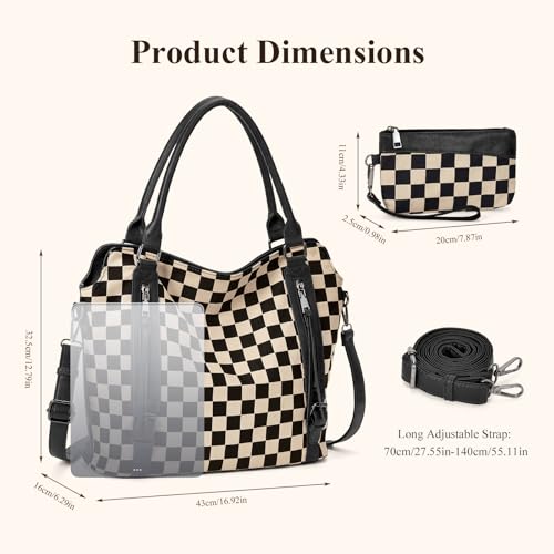 Checkered Tote Bag Large Checkered Purses for Women Plaid Hobo Shoulder Bag Multiple Pockets Tote Handbags - color: A02-black