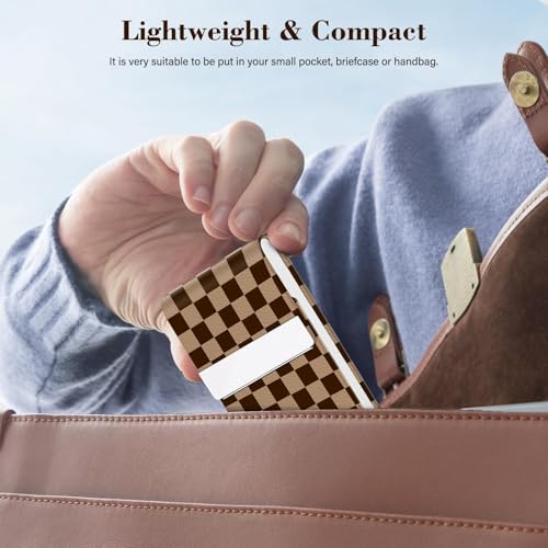 2Pack Leather Stainless Steel Business Card Holder, Metal Slim Business Card Case for Women or Men, Pocket Business Card Carrier with Prints, Magnetic Closure, RFID Blocking - color: Plaid-Brown
