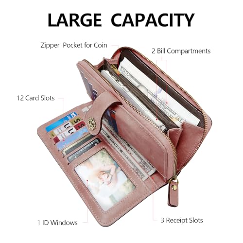 TFKGS Wallet for Women RFID Blocking Leather Large Capacity Card Holder Ladies Phone Clutch Travel Long Purse Wristlet | RFID Blocking - color: 1-Pink