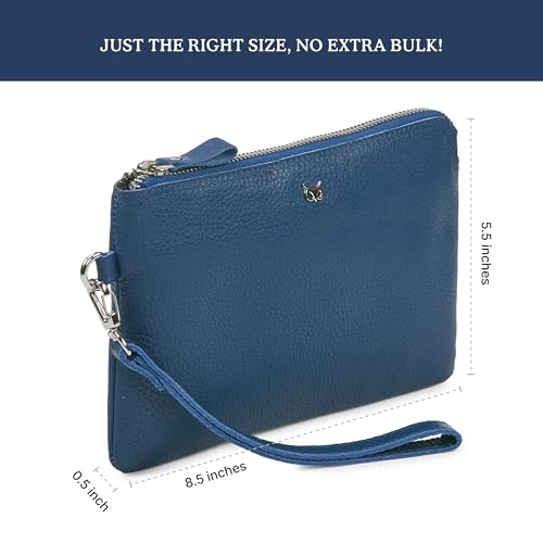 Leather Wristlet Wallet for Women Clutch Handbag Purse with Cell Phone Slot | Genuine Top Grain Leather, 8 Credit Card Slots, Detachable Strap, YKK Zipper, Gifts for Women - color: Sapphire Blue Nappa