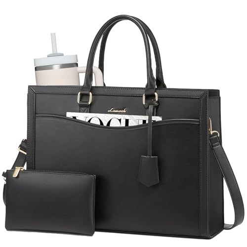 LOVEVOOK Laptop Tote Bag for Women, Large Work Computer Bag with Cup Holder - color: Leather/Black, size: 15.6 Inch