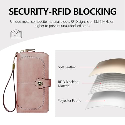TFKGS Wallet for Women RFID Blocking Leather Large Capacity Card Holder Ladies Phone Clutch Travel Long Purse Wristlet | RFID Blocking - color: 1-Pink