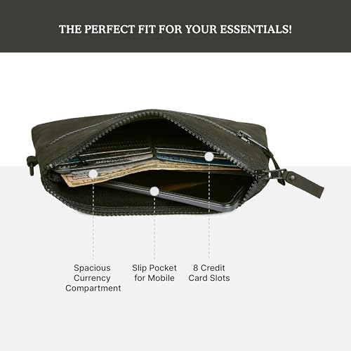 Leather Wristlet Wallet for Women Clutch Handbag Purse with Cell Phone Slot | Genuine Top Grain Leather, 8 Credit Card Slots, Detachable Strap, YKK Zipper, Gifts for Women - color: Black Crazy Horse