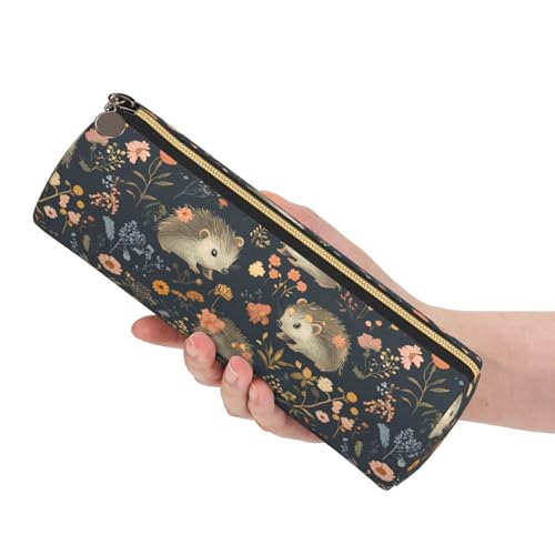 OSAM SPACE Leather Pencil Case Round Pencil Bag Hedgehogs Flowers Pumpkins Pen Organizer Holder Portable Zipper Pouch Cute School Supplies for Girls Boys Study Office - color: Hedgehogs Flowers Pumpkins