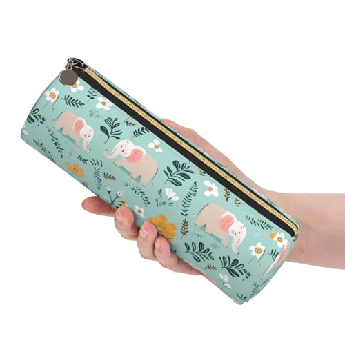 OSAM SPACE Leather Pencil Case Round Pencil Bag Cartoon Elephants Flowers Pen Organizer Holder Portable Zipper Pouch Cute School Supplies for Girls Boys Study Office - color: Cartoon Elephants Flowers
