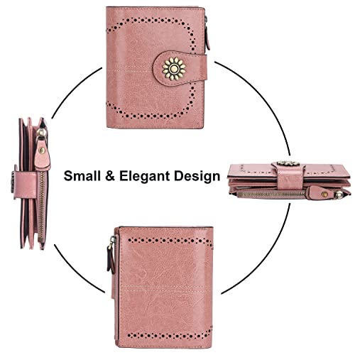 Womens Leather Wallet Small Compact RFID Blocking Credit Card Case Purse with Zipper Pocket | Small - color: Dark Pink