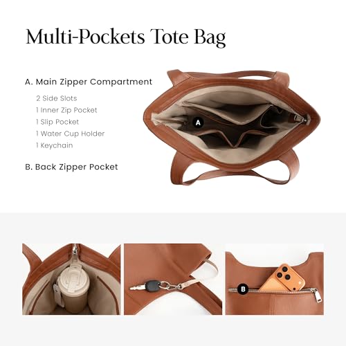 befen Soft Genuine Leather Tote Bag for Women Work with Zipper Slouchy Bags | Real Leather, Slouchy Shoulder Bag, Cup Holder, Travel Purse, Handbag for Daily & Travel, Zipper Tote Bag - color: Cognac Brown