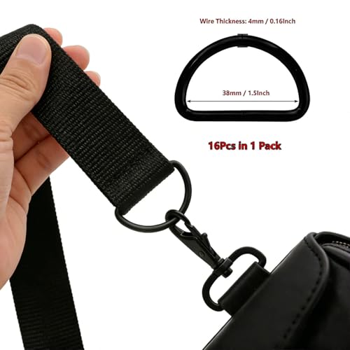 1.5" Metal D-Rings, D-Shaped Buckles for DIY Craft, Bag Strap & Purse Repair - color: Black X 16 Pcs