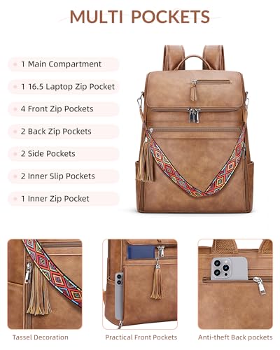 Leather Laptop Backpack for Women 16.5 inch Computer Packs Brown | Vegan Leather Laptop Backpack with Satchel & Tassel, Dedicated 16.5" Laptop Compartment, 13-Pocket Organizer, Travel-Ready - color: Brown