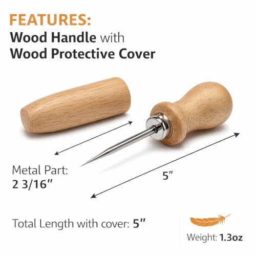 Professional Awl Tool with Wooden Handle & Protective Wood Cover - 801C Heavy Duty Leather Craft Awl for Woodworking, Leathercraft, Sewing & Upholstery - 5" Total Length