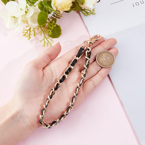 Black Leather Phone Purse Wrist Strap with Gold Metal Chain Hands Free Theft Lanyard Chains Replacement Wristlet with Lobster Claw Clasps for Handbag Clutch Wallet Keychain Cellphone Supply