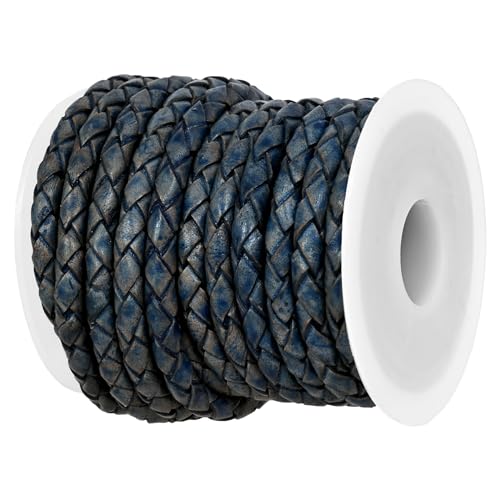 GENIQUE Real/Genuine Round Braided Leather Cord String Rope Folded, Leather Rope for Crafts, Jewelry Making, Necklace, Bracelets (Blue Distress, 5mm) - color: Blue Distress, size: 5mm