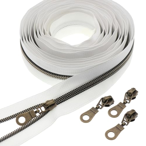 #5 Antique Brass Coil Zipper 5 Yards White Tape 10pcs Antique Brass Slider - color: White-brass