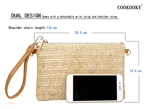 COOKOOKY Womens Straw Clutch Bag Bohemian Summer Beach Straw Purse Zipper Wristlet Wallets for Women - color: Yellow