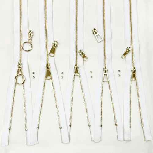 #5 Heavy Duty Metal Zipper 5 Pieces 1 Yard Long Each(White/Gold Teeth) - color: White/Gold Teeth