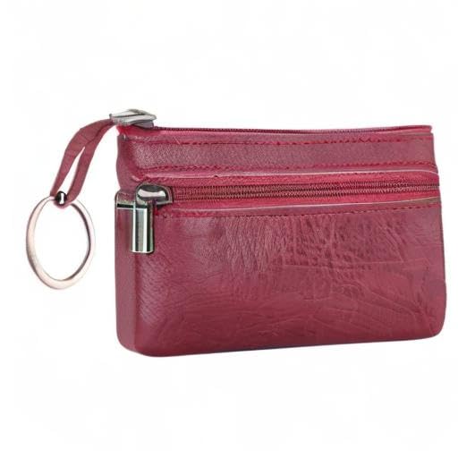 Genuine Leather Coin Purse, Small Coin Pouch for Men Women, Cash Change Wallet Key Holder Money Pouch with Key Ring, Zipper Storage Bag Coin Organizer - color: Wine Red