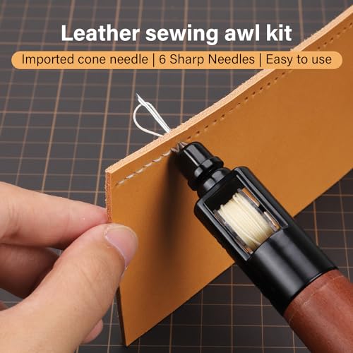 WUTA Repair Stitch Kit Leathercraft Stitch Awl Tool with 5 Pcs Small Chrome-Plated Needle, for Leather, Belt, Canvas, Fabric, Bag Repair Professional Stitcher Leather Craft Tool - style: Basic (Stitch Awl Kit+3 Colors Wax Thread)