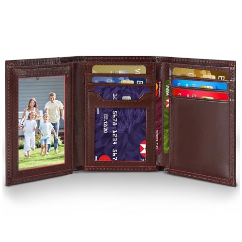 Mens Trifold Leather Wallet，Genuine Leather RFID Blocking Wallets for Men，Tri Fold Wallet with 2 ID Window and 8 Card Slots - color: brown