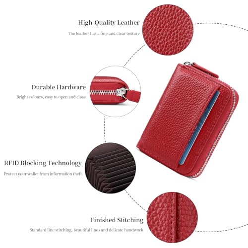 SENDEFN RFID Credit Card Holder for Women Small Leather Zipper Card Case Wallet 15 Slots - color: J-Red