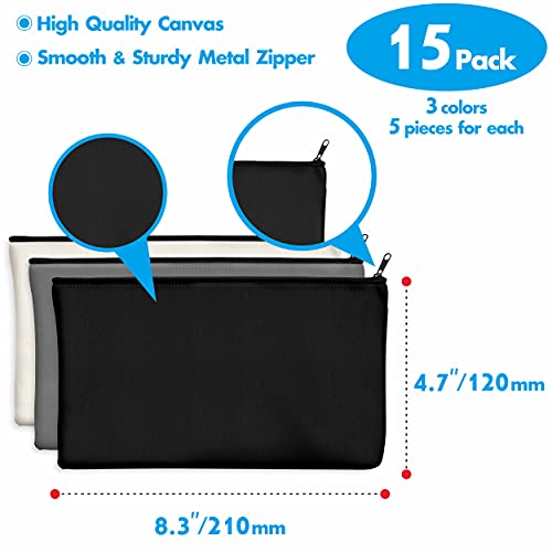 15 Pack Blank Cotton Canvas DIY Craft Zipper Bags Pouches Pencil Case for Makeup Cosmetic Toiletry Stationary Storage - color: Black + Grey + White
