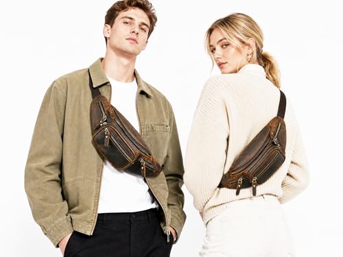 Water Resistant Canvas + Leather Hiking Riding Travel Fanny Waist Pack Small Phone Pouch For Men Women FB811-29 (Dark Brown-346) - color: Dark Brown-346