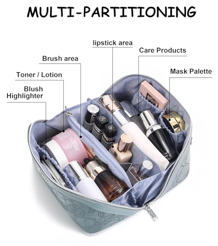 BOYATU Travel Makeup Bags Cosmetic Organizer Bag: Floral Make up Bag | 3 Pcs Set Large Capacity Makeup Bag with Compartments - Waterproof Leather Toiletry Bags with Handle for Women (Blue) - color: 01-Light Blue