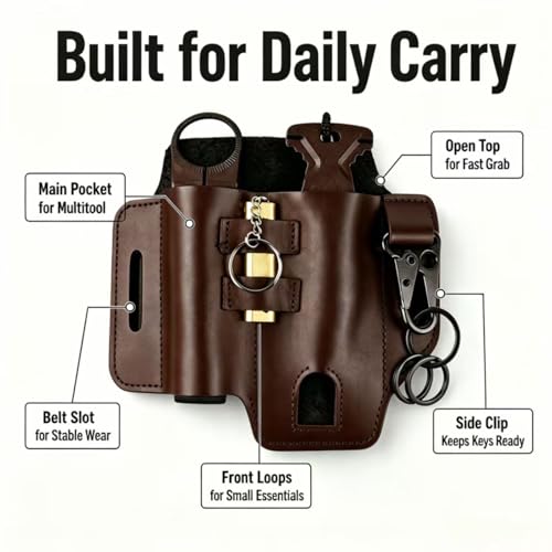 Leather Multitool Sheath for Belt – EDC Pouch & Leather with Flashlight Holder,Pen Loop & Keychain Clip –Multi Tool Holster Pouch for Men,Gift - color: Brown