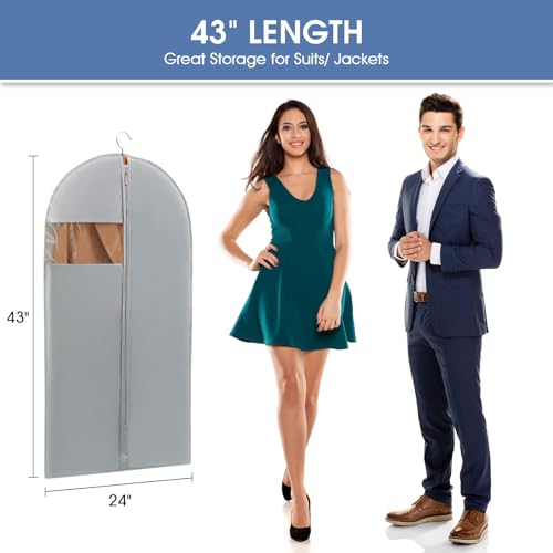 43" Garment Bags for Hanging Clothes, Suit Bags for Closet Storage and Travel, Grey Suit Cover Bags with Clear Window for Coats, Jackets, Shirts (5 Packs) - color: Grey, size: 43" - 5 Pack