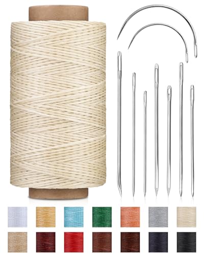 DIUDUS 218 Yards Upholstery Thread Heavy Duty Waxed Thread for Hand Sewing | Sewing Kit with 9 Upholstery Needles for Hand Stitching Bookbinding Repair Canvas - color: Off White