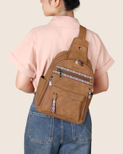 Large Sling Bag for Women, Designer 10L Leather Crossbody Purse | Anti Theft Sling Backpack, RFID Fanny Packs for Travel, Ideal for Vacation Walking Daily Errands - color: Camel Brown Nubuck Style