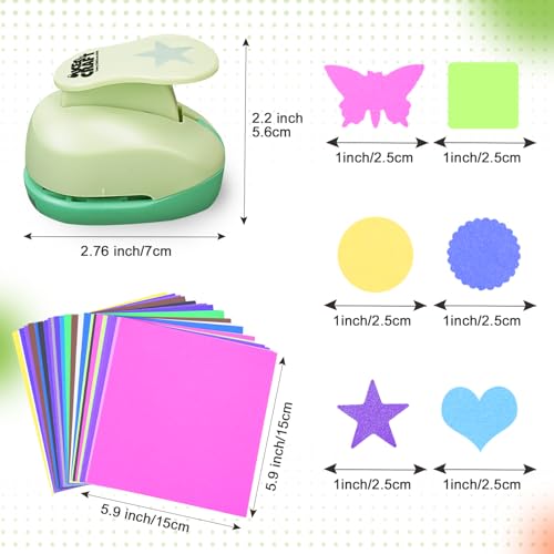 UCEC 6 PCS Craft Hole Punch 1 Inch Paper Puncher Hole Punch Shapes Crafting | Designs DIY for Kindergarten Teacher Office Supplies, 6 Different Shapes Set with 30PCS Craft Paper - style: 6 Different Shapes Set 3 & 30 Craft paper