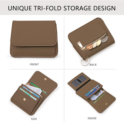 Keychain Wallet for Women,RFID Wristlet Wallet with Beaded Strap | Tri-Fold Design,6 Card Slots,ID Window,Zipper Coin Pocket,Lightweight Carry - color: Brown