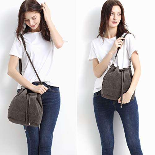 AFKOMST Suede Bucket Bag for Women Medium Slouchy Shoulder Purse | Faux suede; 2 detachable straps for shoulder or crossbody carrying;fit tablets, A5, long wallet; - color: Grey